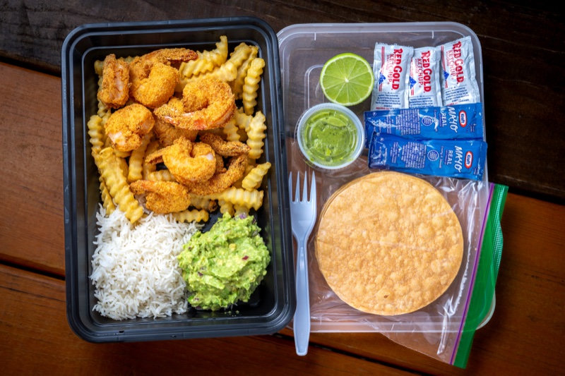 Mariscos El Jaguar breaded shrimp combo overhead — Austin restaurant food photography