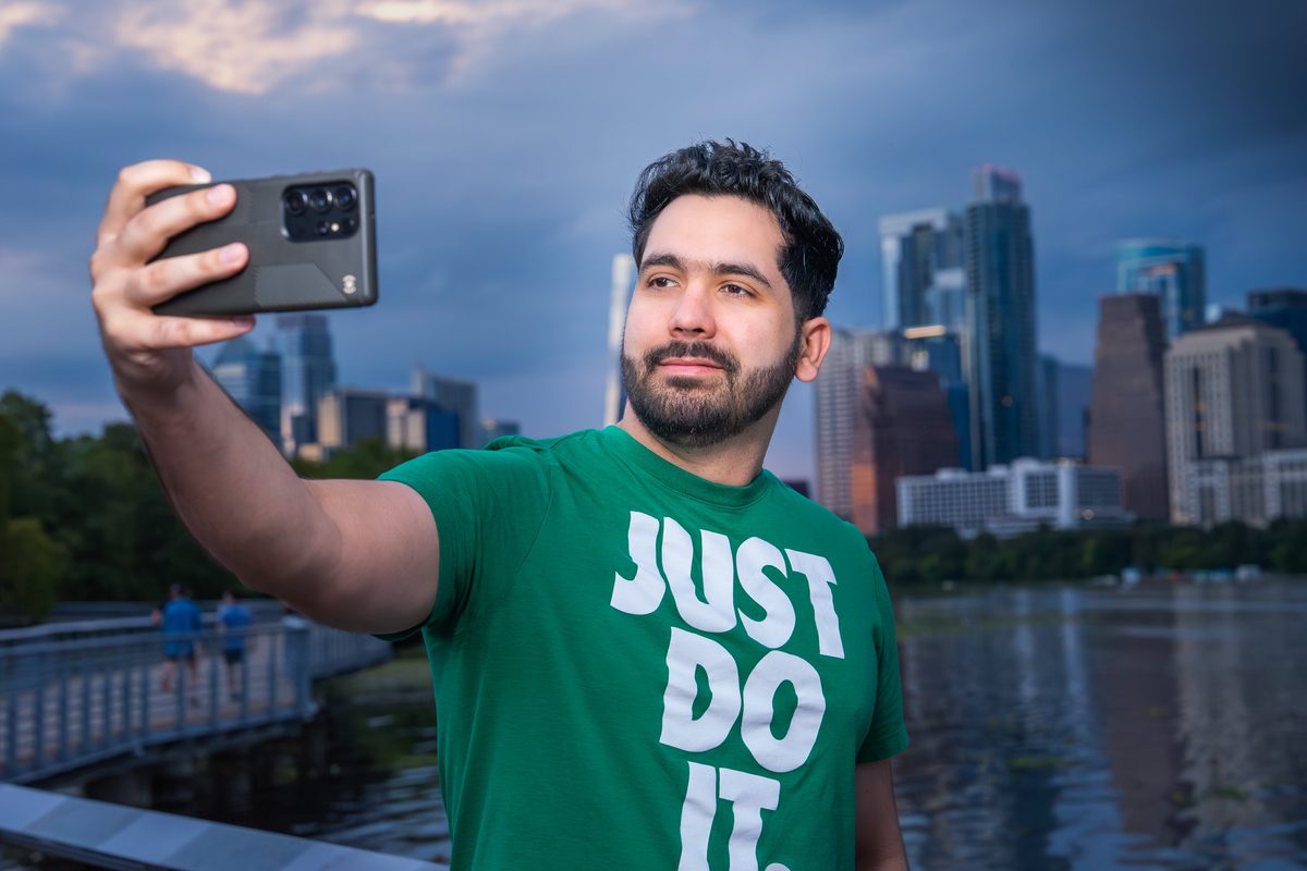 Personal branding portrait with Austin skyline backdrop