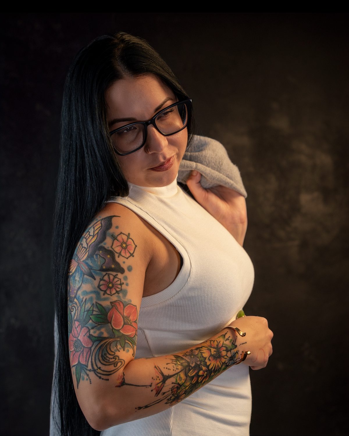 Moody editorial portrait of tattooed model — Austin portrait photographer