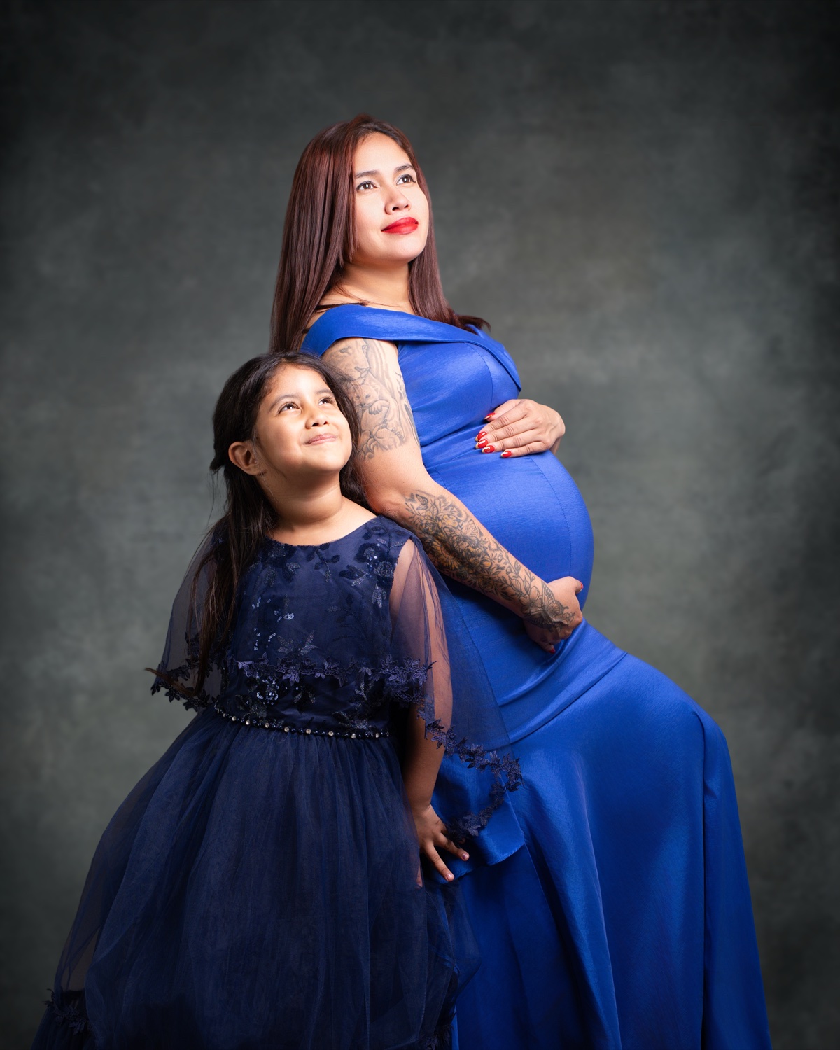 Maternity studio portrait in royal blue dress with daughter — Austin maternity photographer