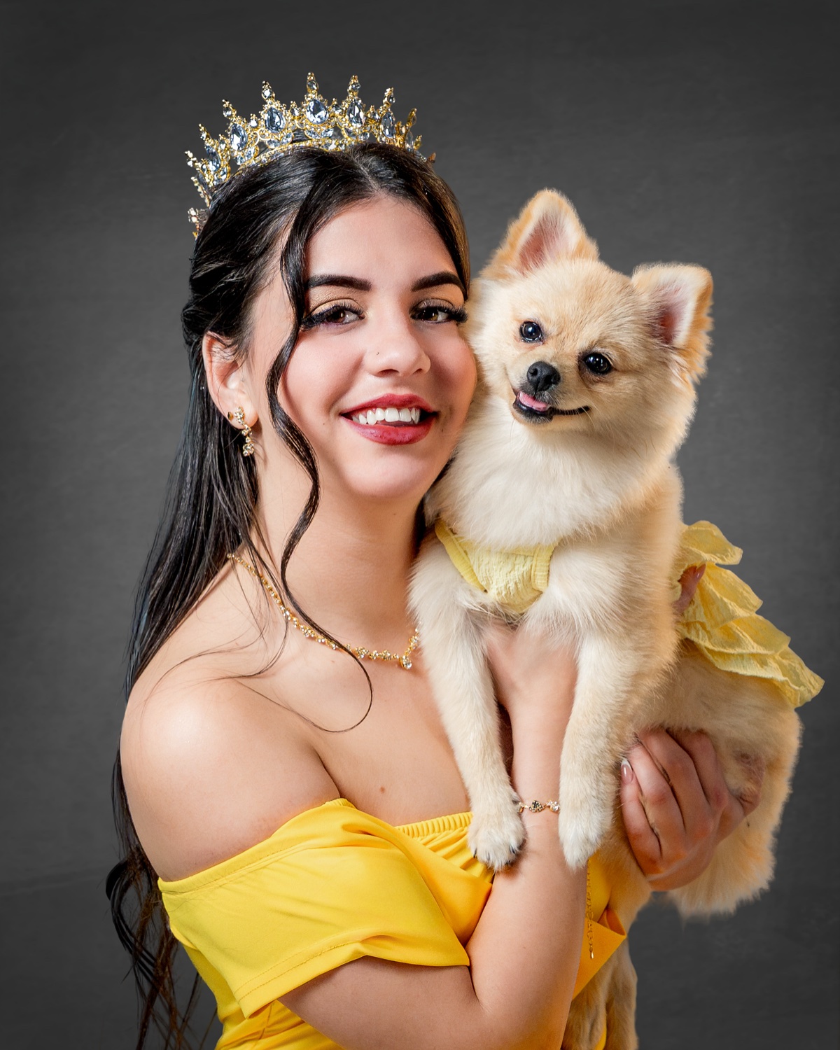 Editorial portrait with Pomeranian dog and yellow dress and tiara — Austin photographer
