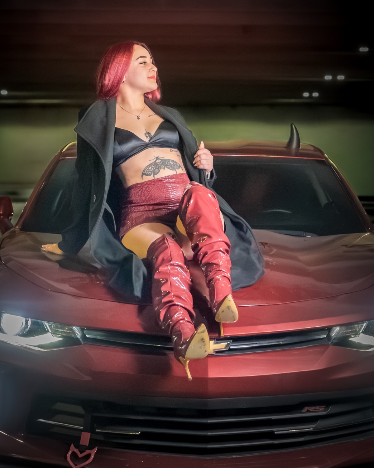 Editorial fashion portrait reclined on car hood at night — Austin editorial photographer
