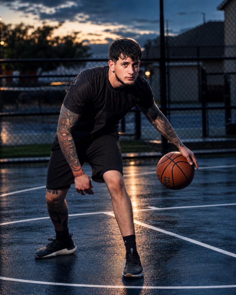 Athlete branding portrait, basketball player at outdoor court at sunset — Austin sports photographer